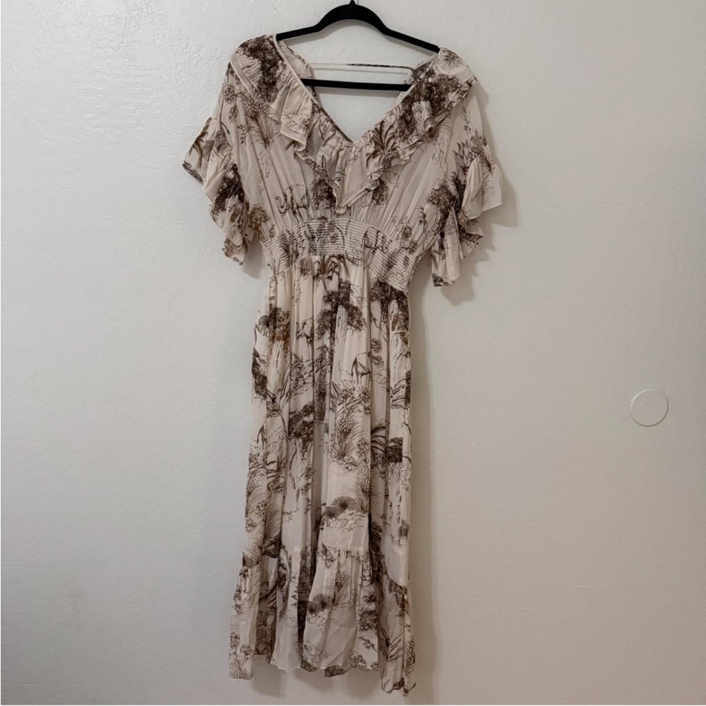 Sandro Cream Maxi Dress with Brown Toile Motif